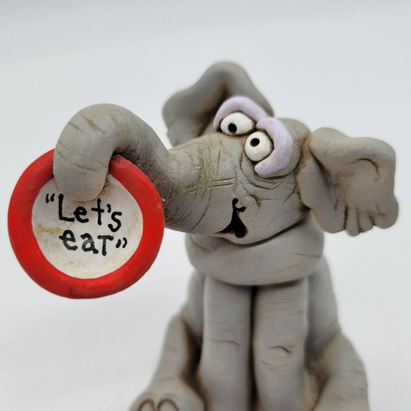 Cute Elephant "Let's Eat" Hungry Meal Time Figurine Artist Signed Modeled Clay - Picture 2 of 8